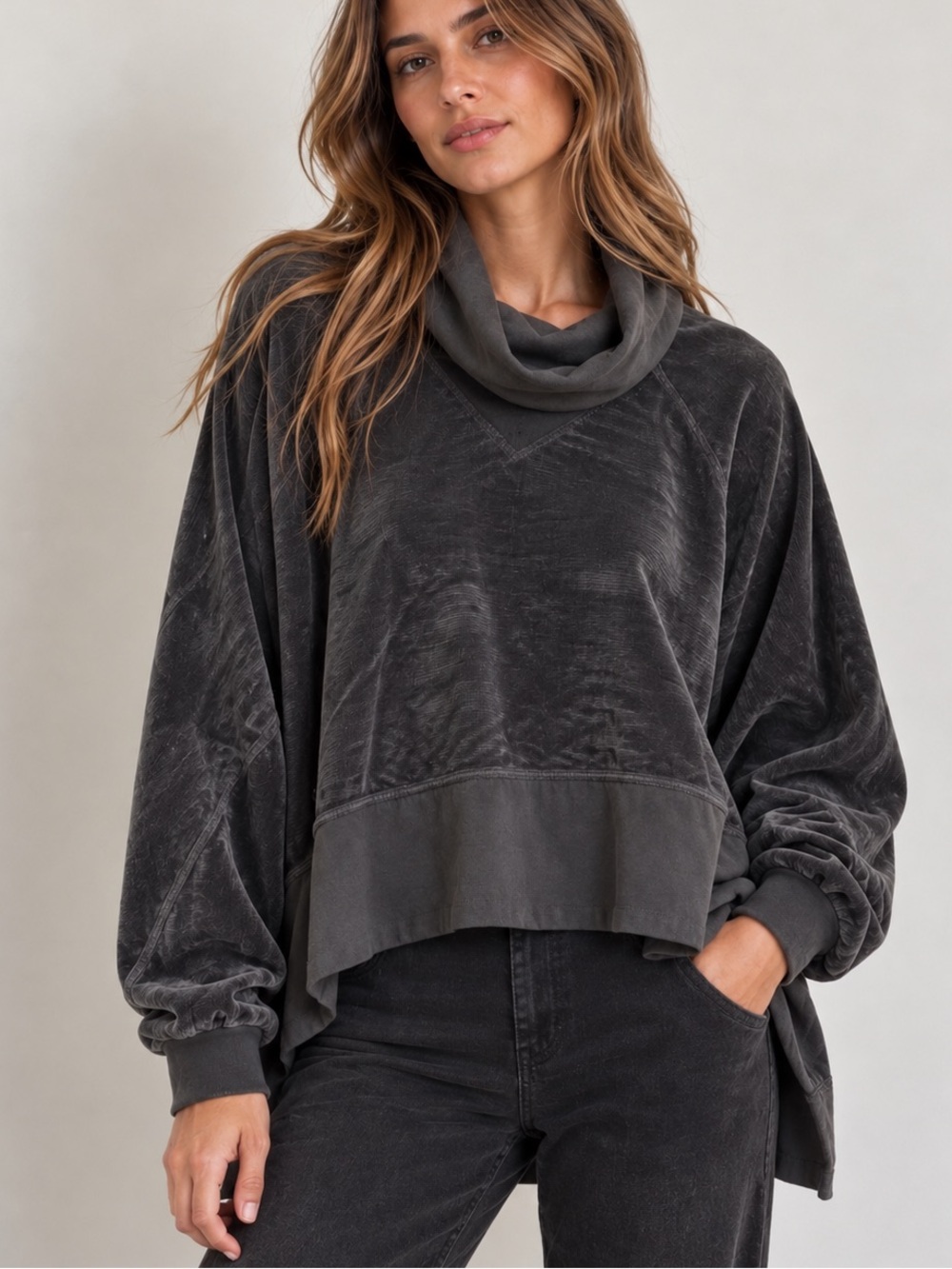 Free People Movement Oversized Cowl Neck Tunic Sweatshirt Black Gray Hi Low Size